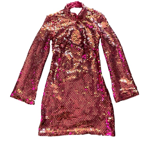 Maeve by Anthropologie Pink Sequin Dress • Long Sleeve Mock Neck Mini • … - Picture 1 of 9